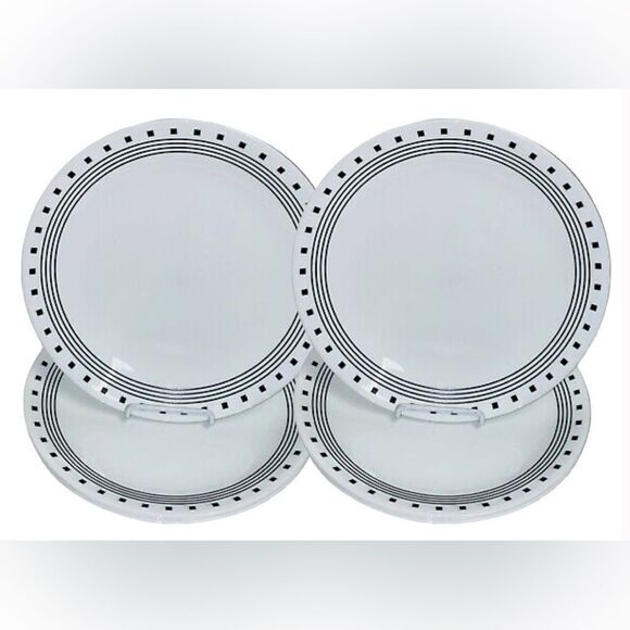 4 Corelle "CITY BLOCK" Dinner Plates White Black  10.25" - Picture 1 of 5